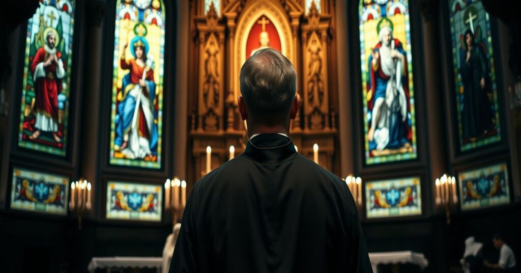 A Catholic priest in traditional cassock stands solemnly before a high altar in a dimly lit church, reflecting the article's critique of modernist sentimentalism and the importance of doctrinal piety.