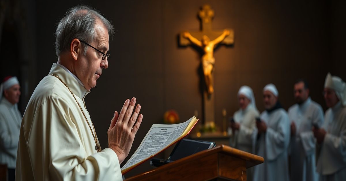 A traditional Catholic priest praying before a crucifix in a chapel, reflecting on the crisis in the Church and the conciliar apostasy.
