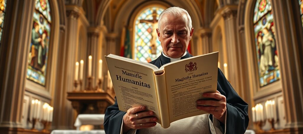 A traditional Catholic priest in a cassock and surplice studies an encyclical titled 'Magnifica Humanitas' before an ornate altar in a grand church.