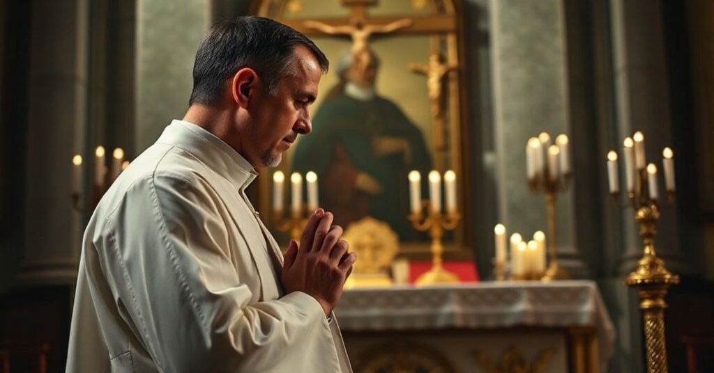 A devoted sedevacantist Catholic priest praying before a high altar in a traditional seminary chapel, contrasting with the shadowy presence of Leo XIV representing modernist subversion.