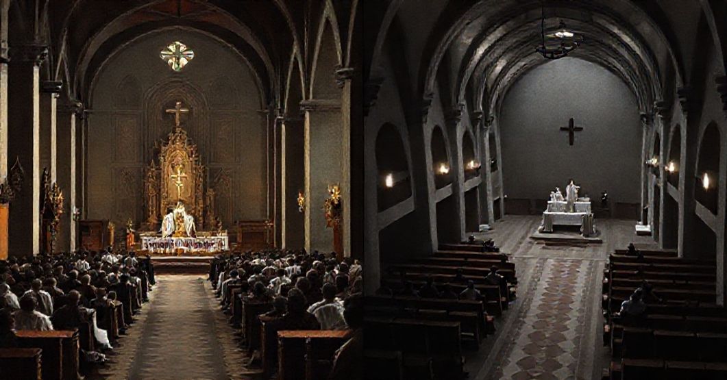 Traditional vs. Modern Liturgy: The Decline of Sacred Worship A traditional Latin Mass contrasted with a modern conciliar service, highlighting the loss of sacredness in Vatican II reforms.