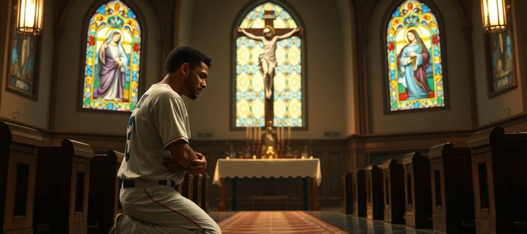 Catholic baseball player Trevor Williams kneeling in prayer before a crucifix in a church, symbolizing faith under persecution.
