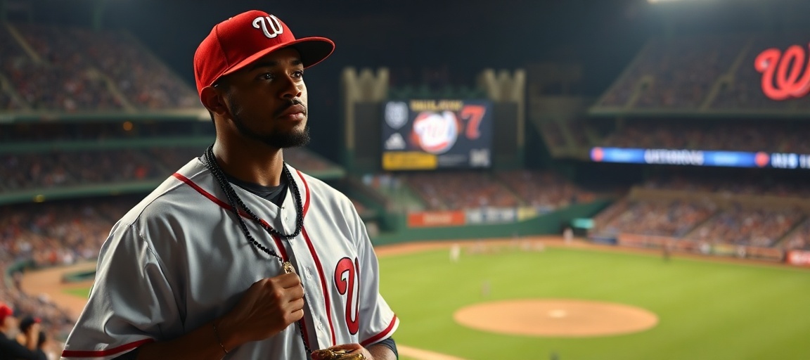 Catholic baseball player Trevor Williams standing solemnly in a stadium with a rosary and cross.