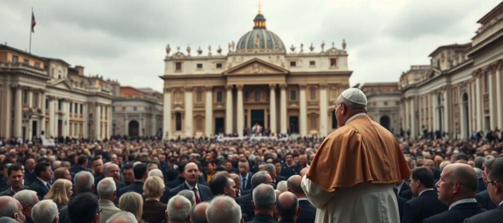 St. Peter's Square during a speech by the usurper Robert Prevost on May 31, 2026, reducing the Trinity to a vague humanitarian principle.