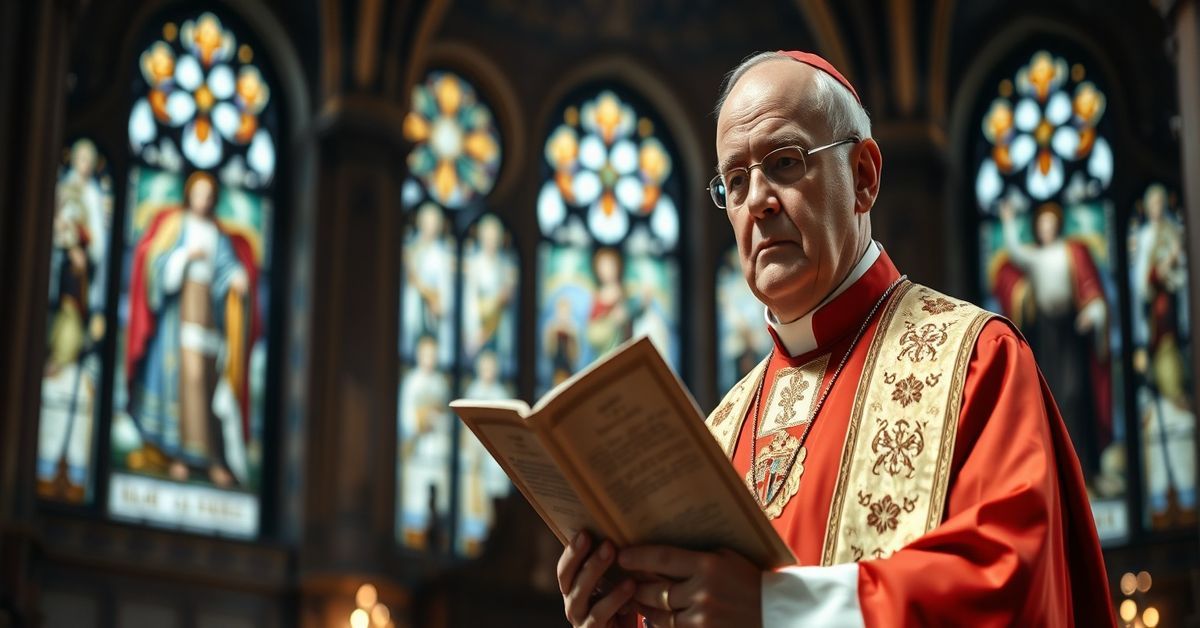 Traditional Catholic bishop in liturgical vestments holding Pope Pius XI's Quas Primas encyclical in a sacred cathedral setting.