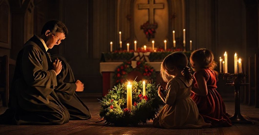 A devout Catholic family praying before an Advent wreath in a traditional church setting, emphasizing the true spirit of Advent.