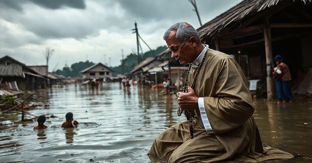 A traditional Catholic priest kneeling in prayer amidst flood devastation in Asia, contrasting true Catholic charity with modernist humanitarianism.