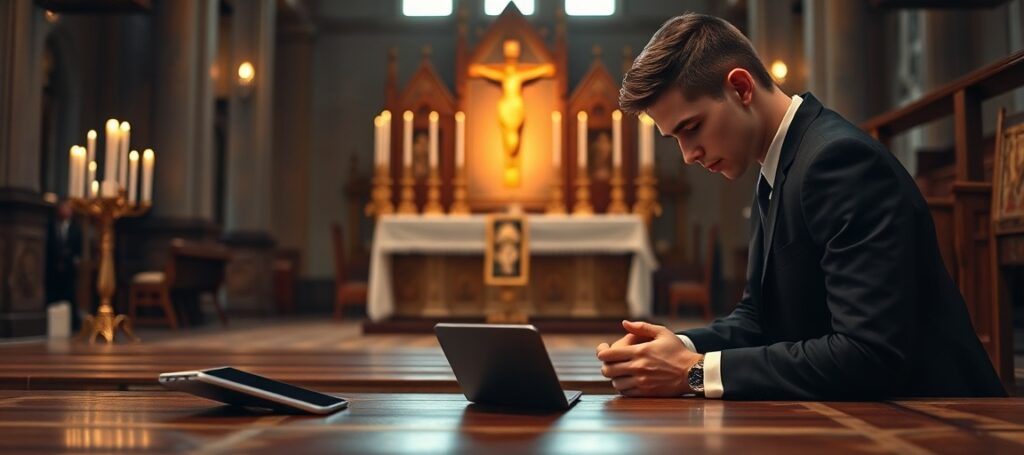 Young Catholic man in prayer before traditional altar rejecting digital evangelization tactics