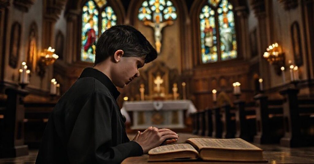 Teenage boy in traditional Catholic attire kneeling in prayer before a traditional altar in a beautifully adorned church.