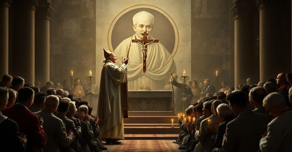 A traditional Catholic priest blessing a congregation, symbolizing true supernatural fraternity contrasted with the antipope's naturalistic distortion.