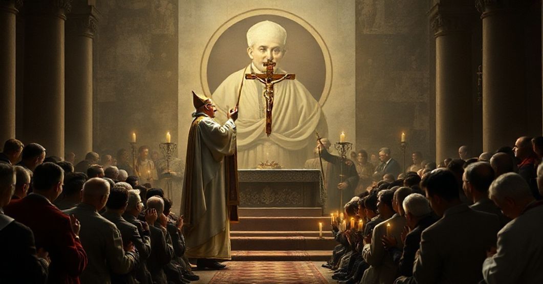 A traditional Catholic priest blessing a congregation, symbolizing true supernatural fraternity contrasted with the antipope's naturalistic distortion.