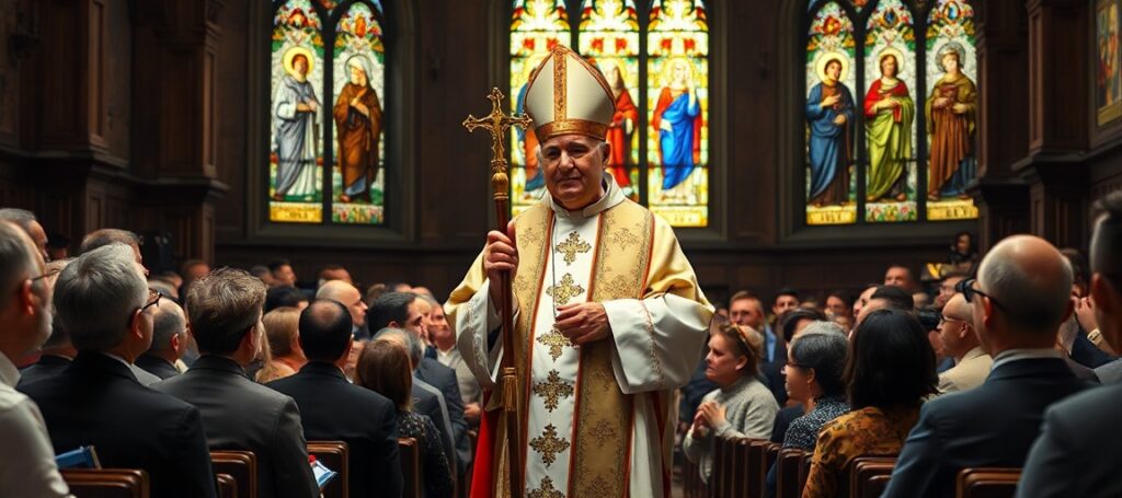 A traditional Catholic bishop in full vestments addressing a congregation in a historic church interior, symbolizing divine authority and hierarchical governance.