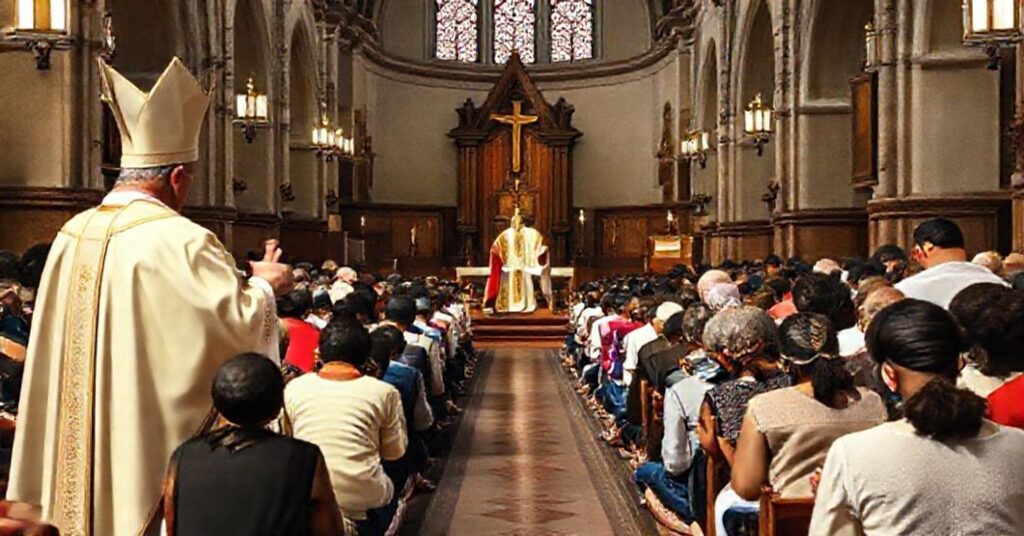 Solemn Catholic bishop presiding over Mass with diverse congregation reflecting true Catholic teaching on immigration and Christ's kingship.