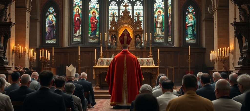 A traditional Catholic bishop in liturgical vestments stands before an altar with sacred relics, surrounded by kneeling faithful in a church with stained-glass windows depicting martyrdom.