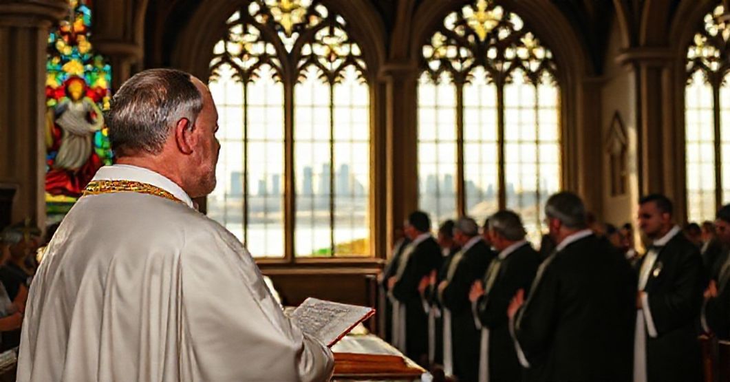 Traditional Catholic priest in vestments praying for Sydney terror attack victims in a historic church.