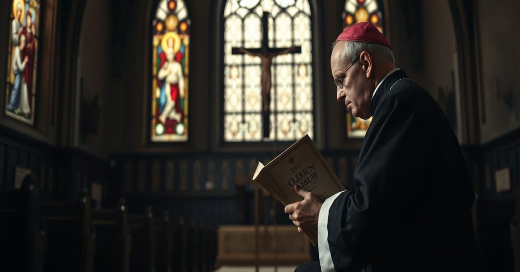 Traditional Catholic bishop in prayer before a crucifix in an old church, symbolizing the true Church's response to clerical abuse.