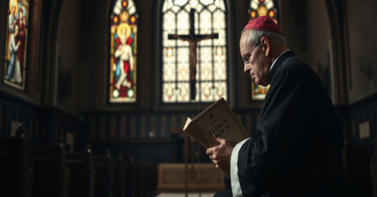 Traditional Catholic bishop in prayer before a crucifix in an old church, symbolizing the true Church's response to clerical abuse.