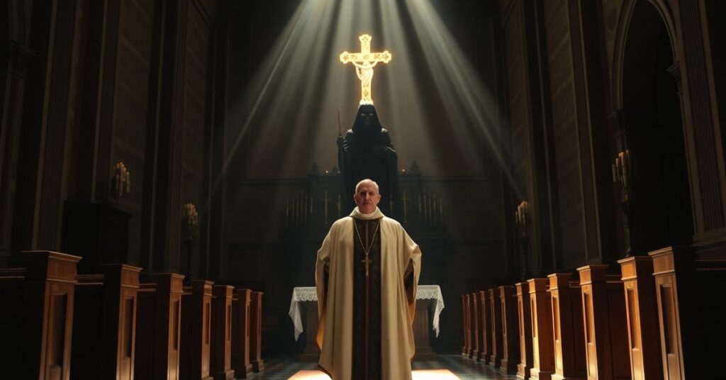 A Catholic priest in traditional vestments praying before an altar with divine light contrasting against a dark shadow representing conciliar corruption.