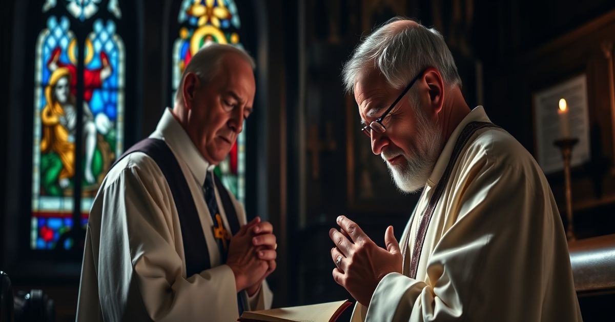 A traditional Catholic priest in a confessional with a penitent kneeling in prayer, symbolizing true spiritual conversion and repentance in a pre-Vatican II church setting.