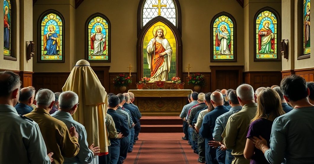 A priest in traditional vestments leads a congregation in prayer before an altarpiece of Christ the King, emphasizing labor as a sacred path to sanctification.