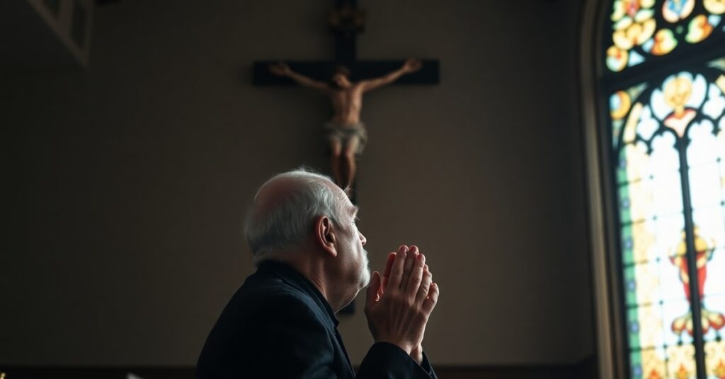 Elderly Catholic man in prayer before crucifix in church reflecting true Catholic teachings on elderly and eternal destiny