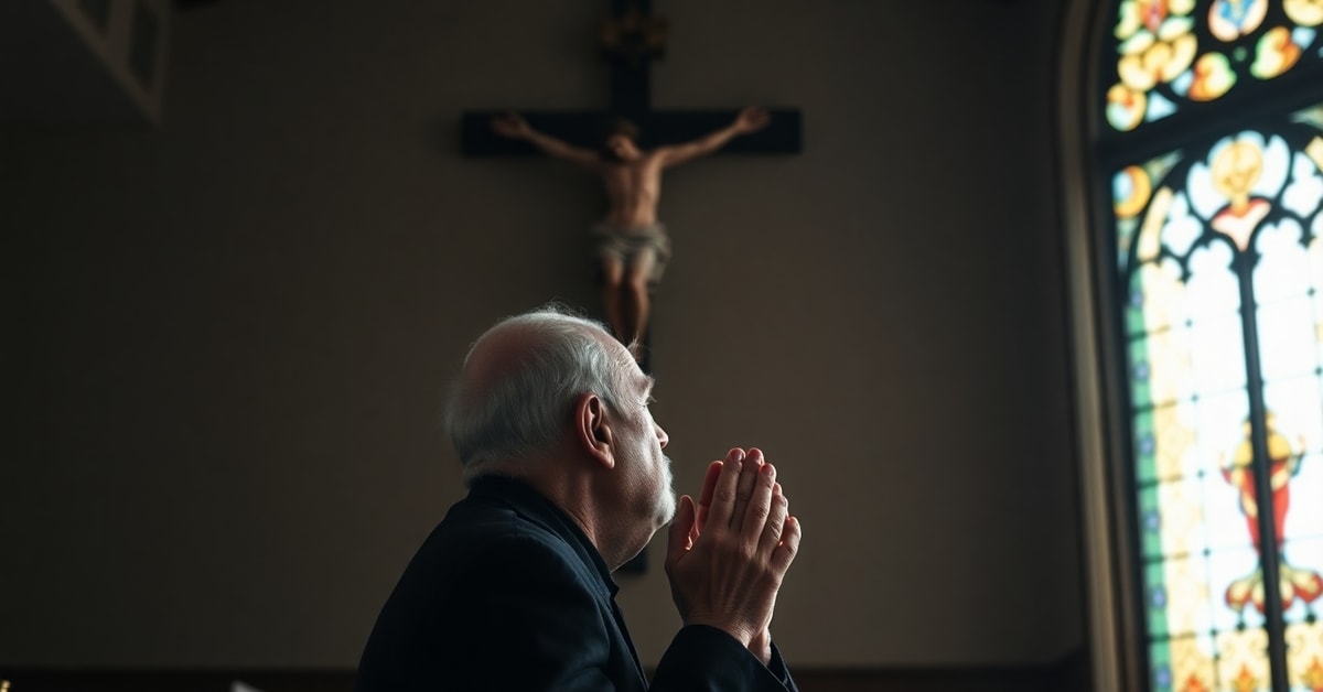 Elderly Catholic man in prayer before crucifix in church reflecting true Catholic teachings on elderly and eternal destiny