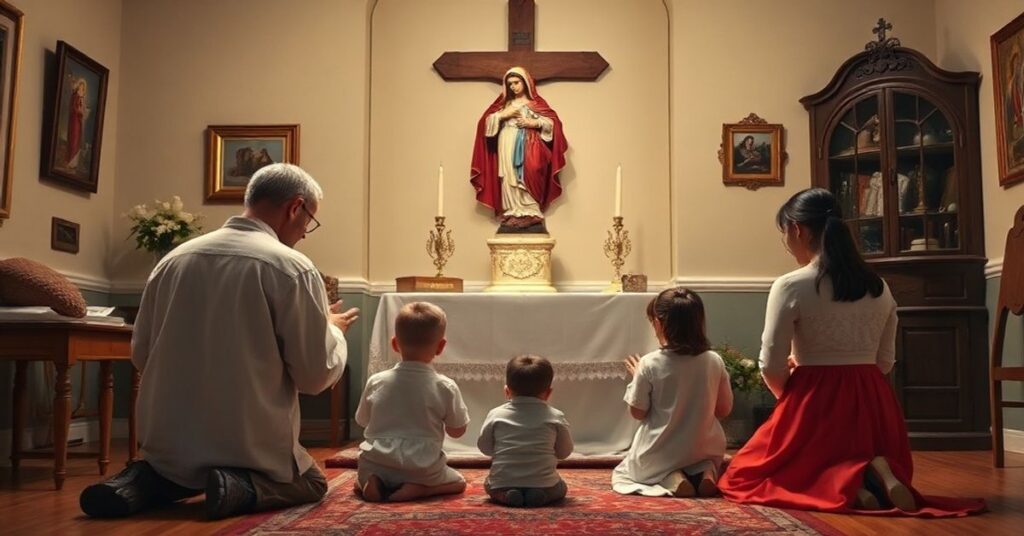 Traditional Catholic family praying in a home adorned with sacred art and a crucifix, symbolizing the true Easter faith.