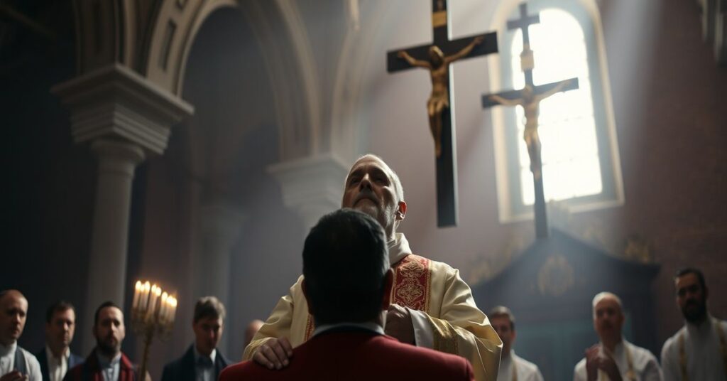 Traditional Catholic priest performing an exorcism in an ancient church, symbolizing the true sacramental authority lost in the conciliar sect.
