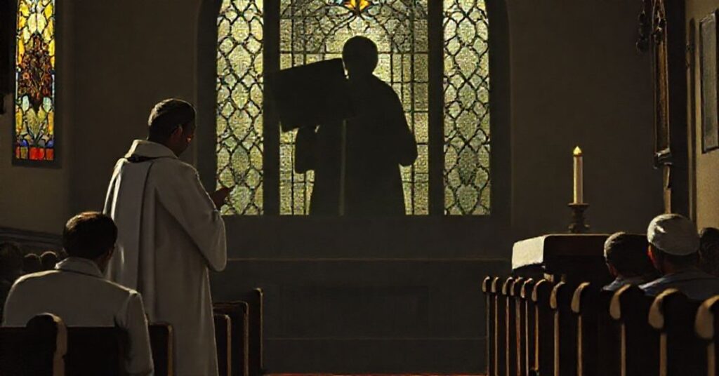 A traditional Catholic Mass in Nicaragua with a protestor in the background, highlighting the contrast between true faith and political activism.
