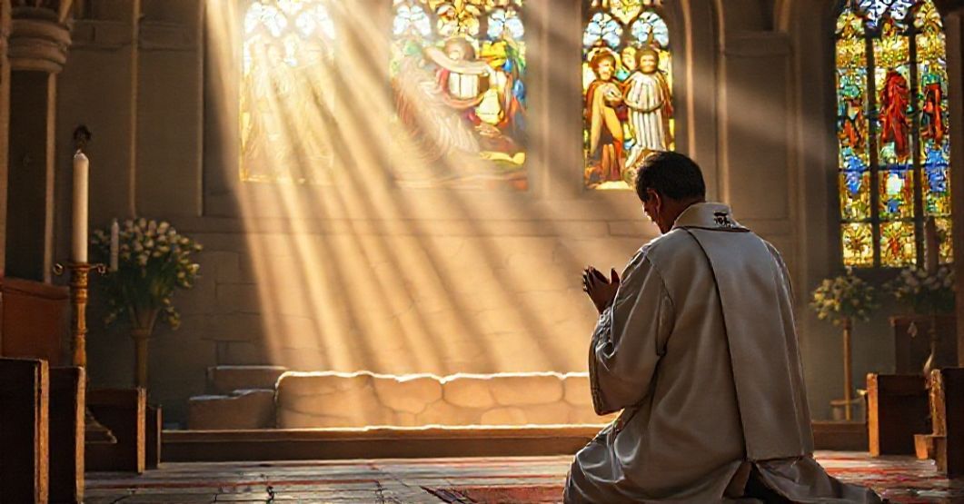 A reverent Catholic image depicting the empty tomb of Christ on Easter morning with a priest praying in a traditional church setting.