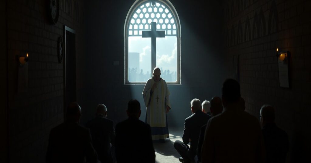 A traditional Catholic priest offering Mass to a small congregation in a dimly lit Iranian chapel amidst persecution.