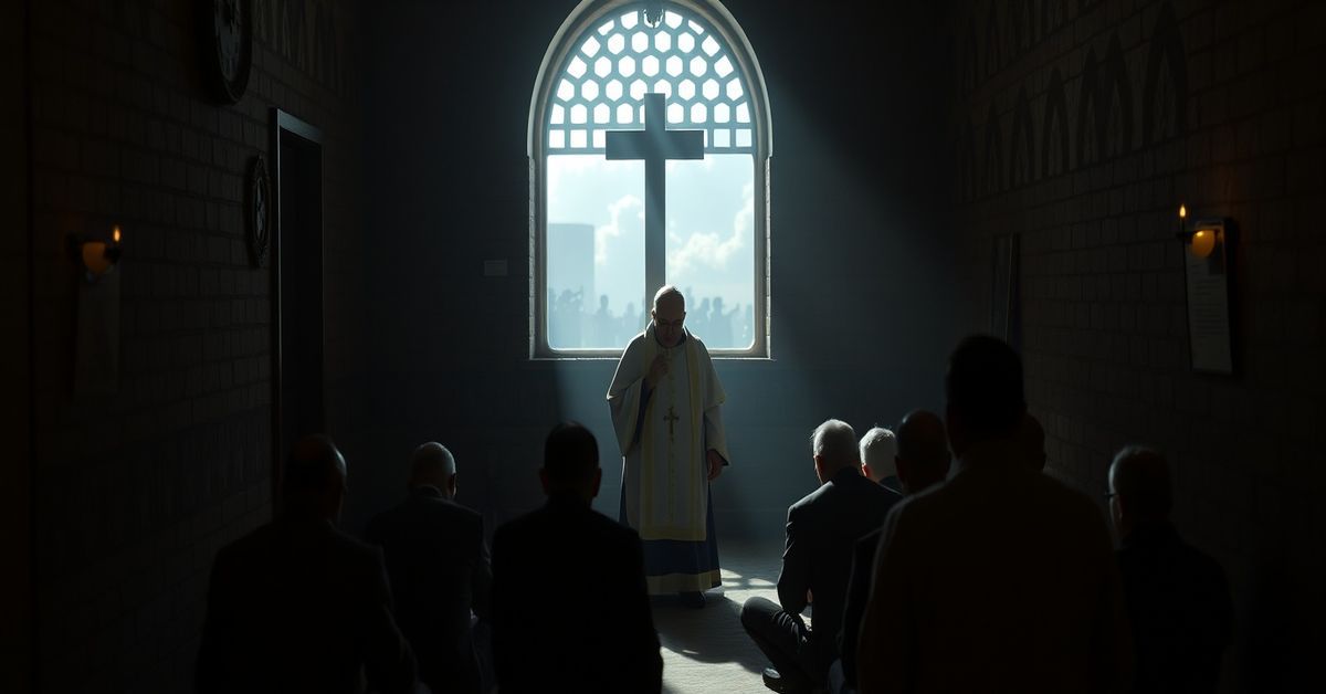 A traditional Catholic priest offering Mass to a small congregation in a dimly lit Iranian chapel amidst persecution.