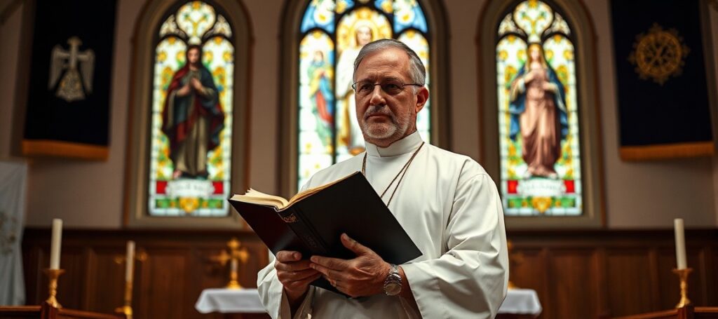 A traditional Catholic priest in a serene church setting, emphasizing the true mission of the Church through timeless devotion and sacramental beauty.