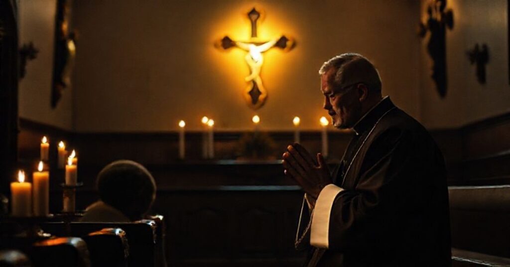 Traditional Catholic priest in confessional hearing confession with reverence and solemnity.