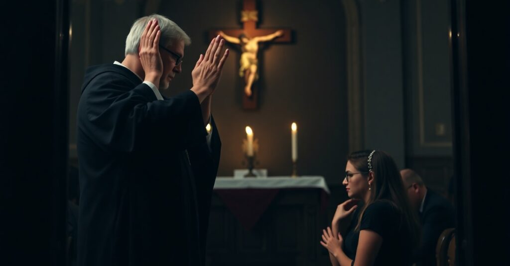 Traditional Catholic confessional scene showing sacramental absolution for post-abortion healing