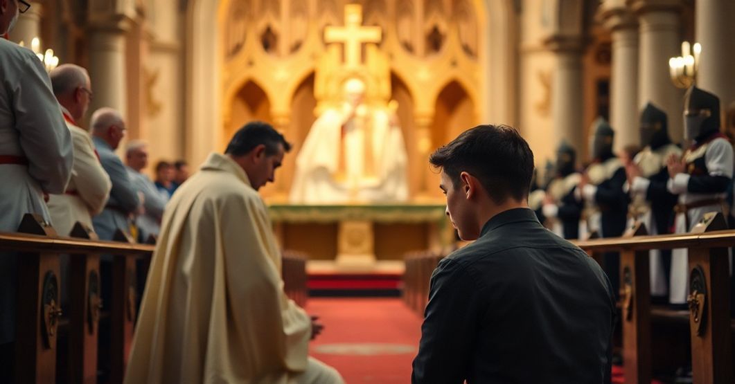Young man praying in a traditional Catholic church with a priest celebrating the Traditional Latin Mass, contrasting with a blurred image of a secular symposium.