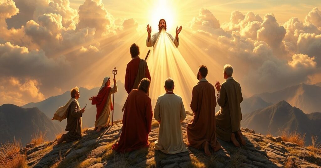 A traditional Catholic depiction of the Transfiguration of Christ on Mount Tabor with Moses and Elijah.