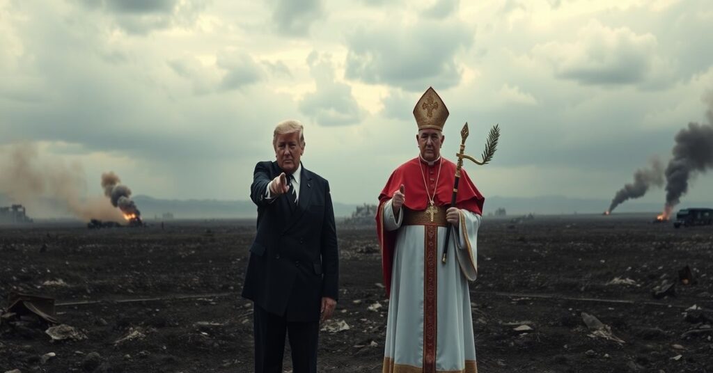 A somber image depicting President Donald Trump and Archbishop Paul S. Coakley representing naturalistic apostasy through militant nationalism and conciliar pacifism.