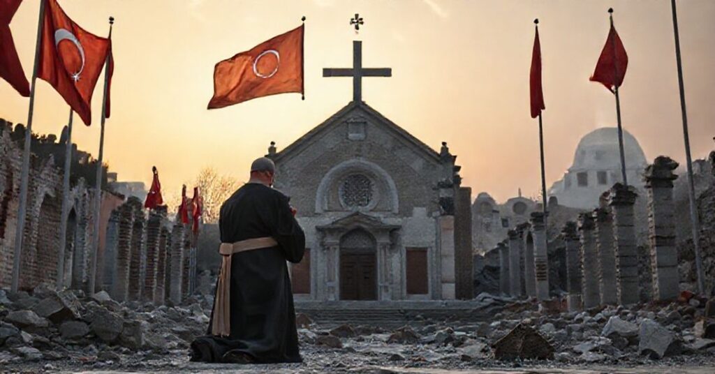 Catholic priest kneeling in prayer before a besieged church in Istanbul, Turkey, amid Islamic suppression and persecution.