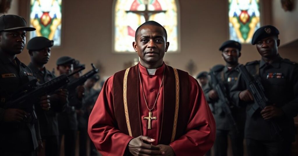Portrait of Catholic priest Father Deusdedit Ssekabira facing armed Ugandan military officers in a church, symbolizing state oppression and the violation of clerical immunity.