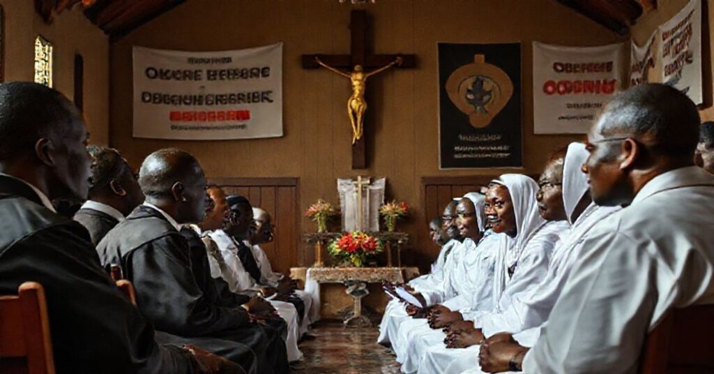 A solemn image of seminarians in Uganda Martyrs' Major Seminary during a controversial synodality workshop led by modernist facilitators.