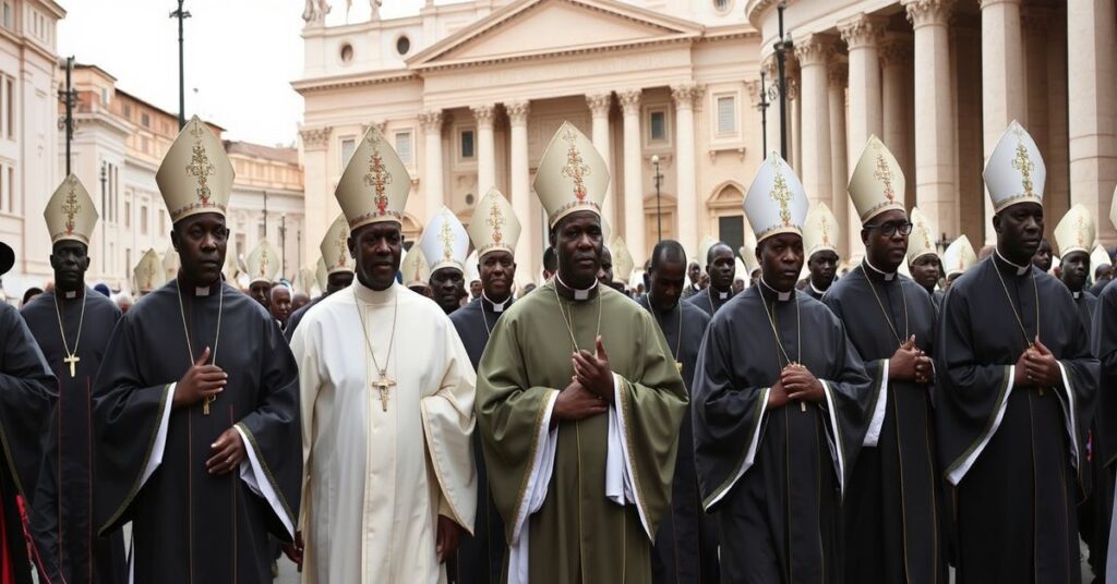 Ugandan bishops in traditional liturgical vestments walking towards St. Peter's Basilica in Rome for ad limina visit.
