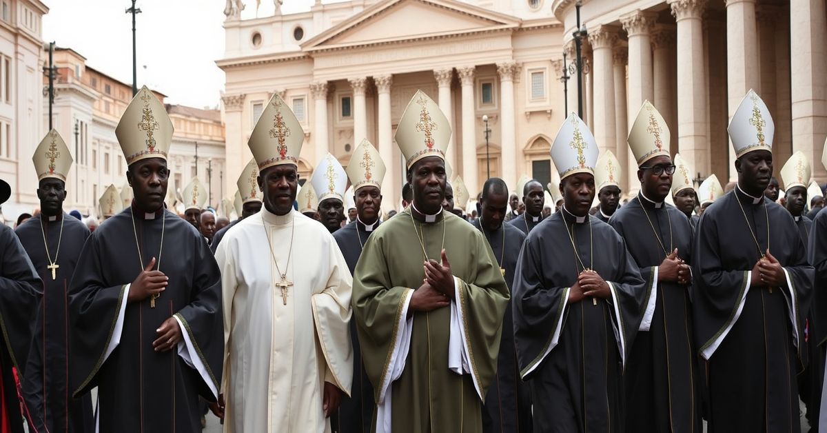 Ugandan bishops in traditional liturgical vestments walking towards St. Peter's Basilica in Rome for ad limina visit.