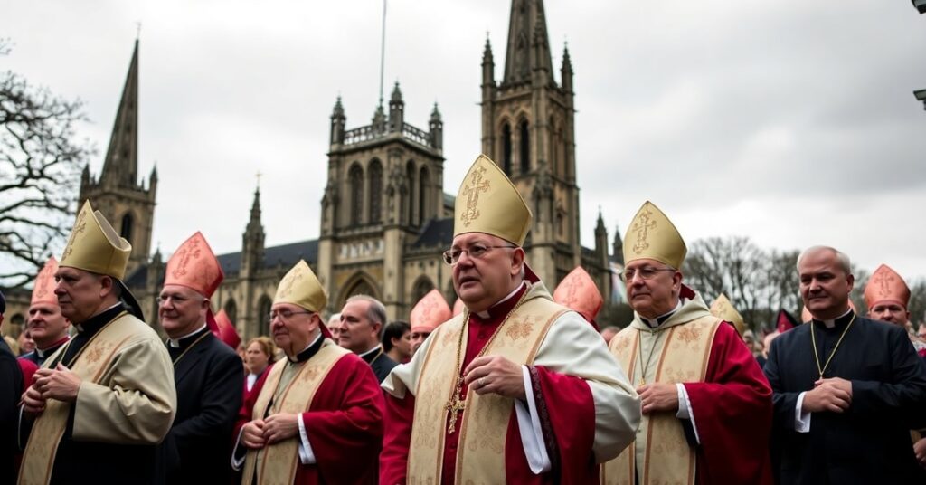 Archbishop Richard Moth and Catholic bishops in traditional vestments at the March for Life UK, symbolizing the spiritual crisis of faith in Britain.