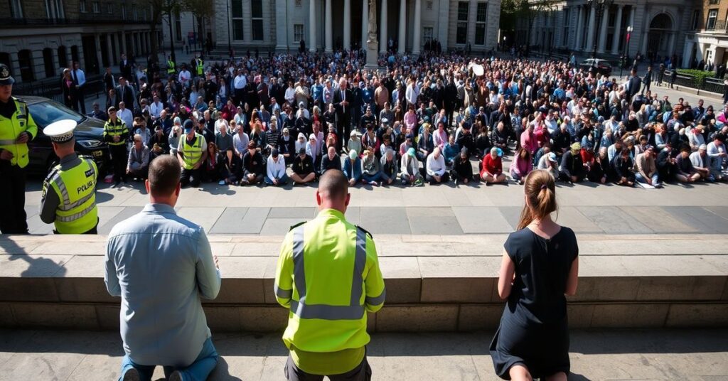 Catholic activists kneeling in silent prayer outside an abortion clinic in London while a state-sponsored Islamic prayer service takes place in Trafalgar Square.