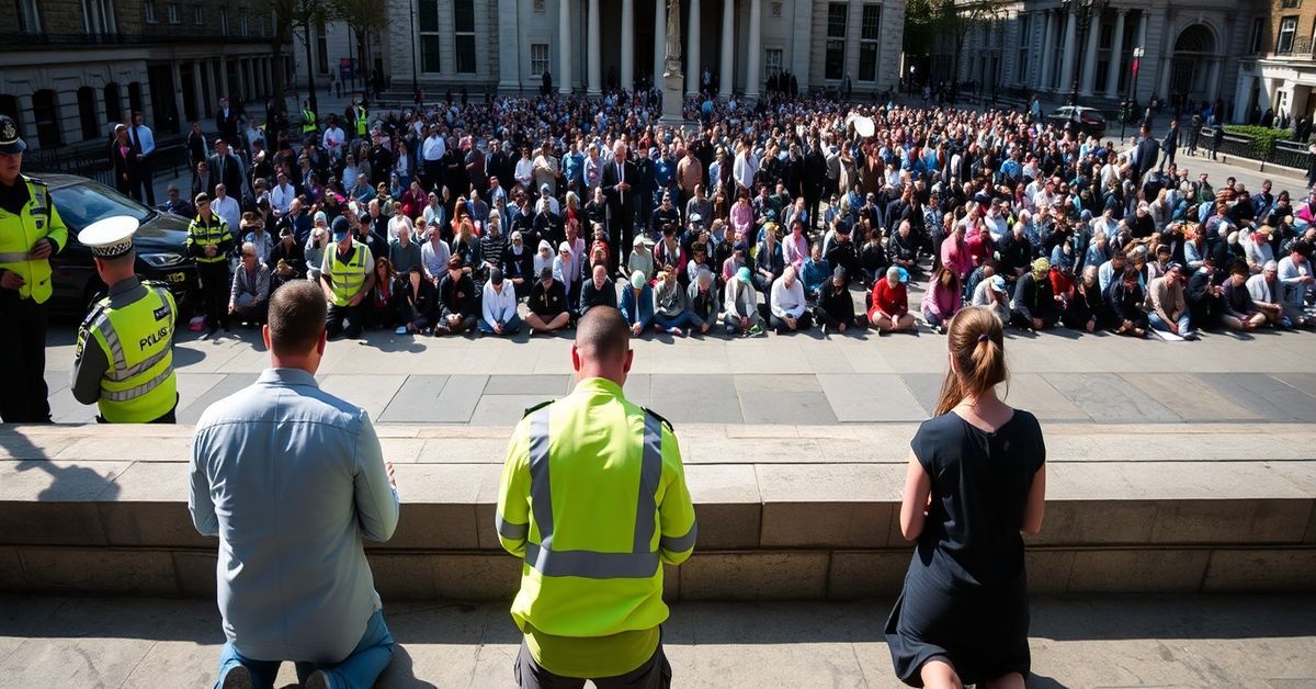 Catholic activists kneeling in silent prayer outside an abortion clinic in London while a state-sponsored Islamic prayer service takes place in Trafalgar Square.