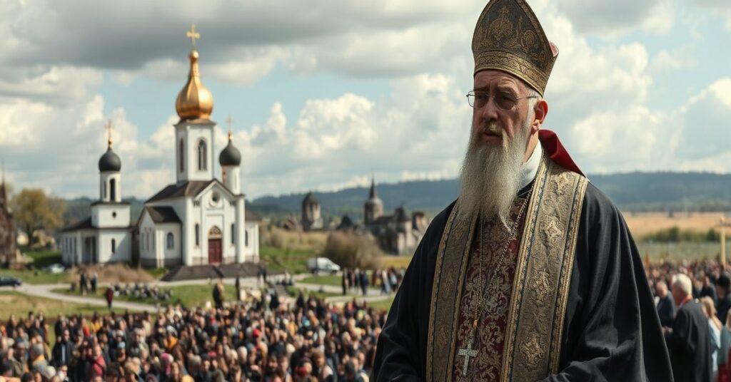 A somber bishop in traditional vestments stands before a war-torn Ukrainian landscape, symbolizing the spiritual despair and betrayal caused by modernist apostasy.