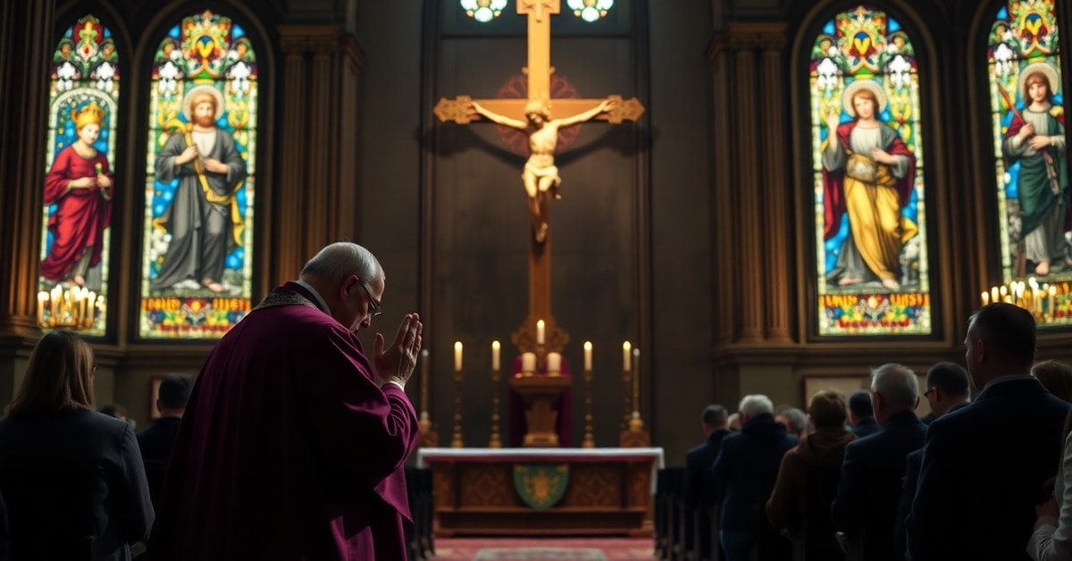 Catholic bishop praying for peace in Ukraine war while Ukrainian refugees kneel before crucifix