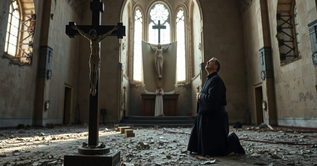 Ruined Ukrainian church with broken crucifix, symbolizing absence of Christ the King amid modernist calls for unarmed peace.
