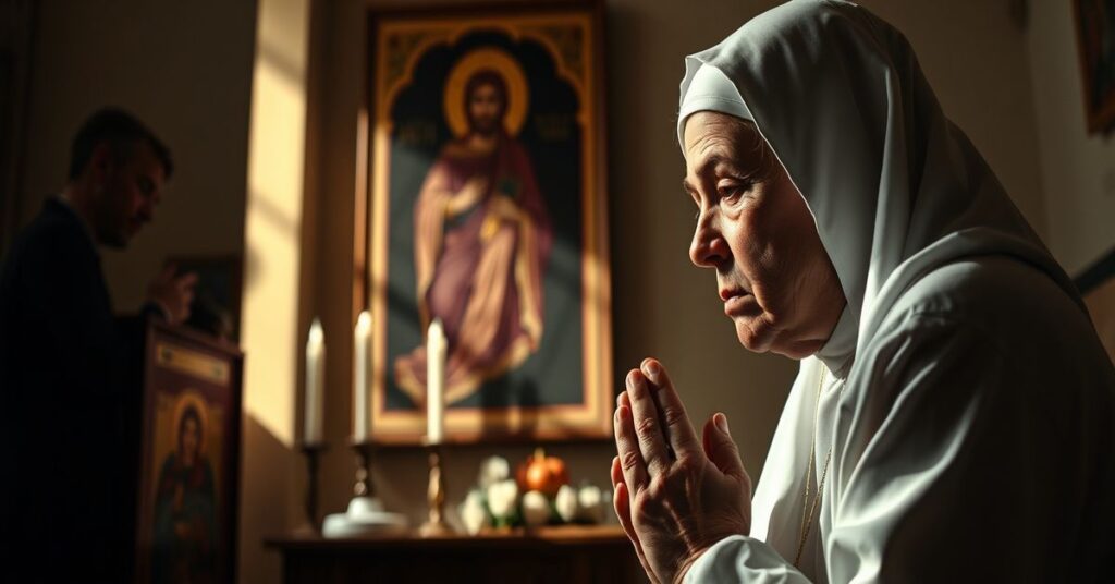A devout Ukrainian Catholic nun praying before an icon of Christ the King in a convent chapel, symbolizing faith amidst tragedy.